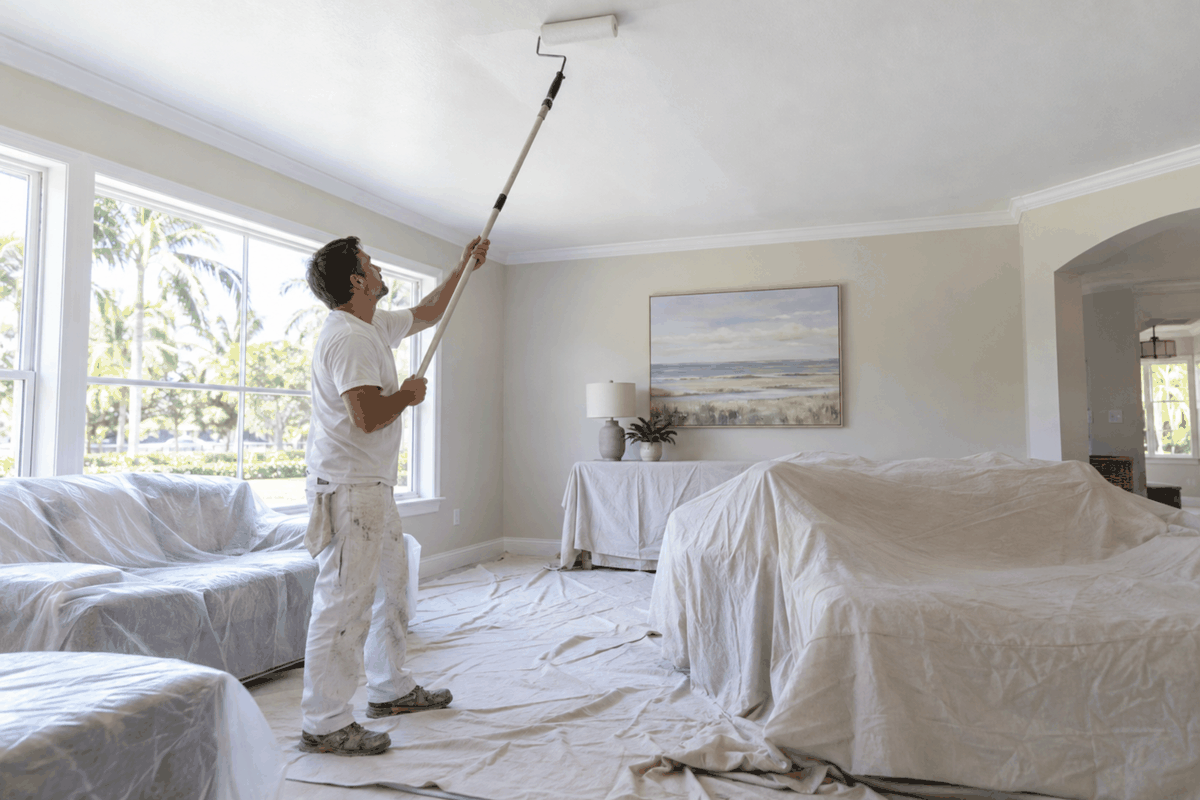 Painter using an extension roller to paint a ceiling with furniture and floors covered