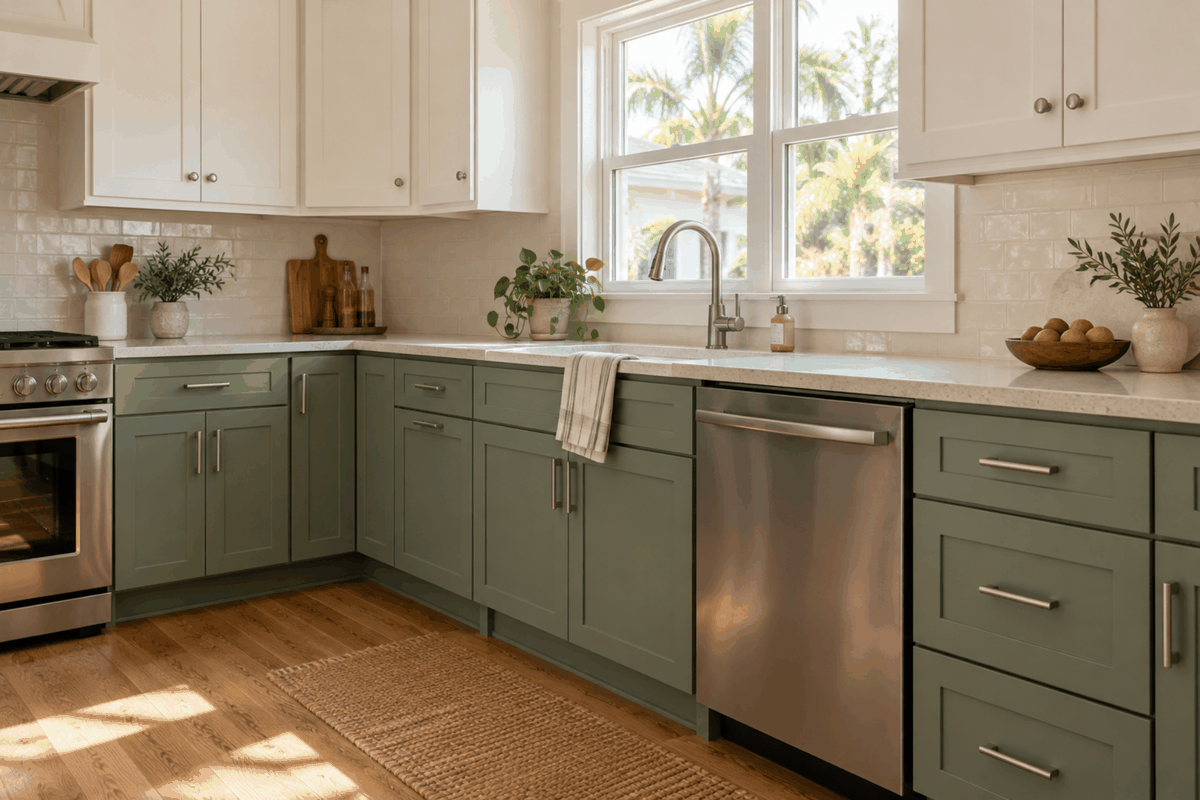 Kitchen with sage green lower cabinets and warm white upper cabinets